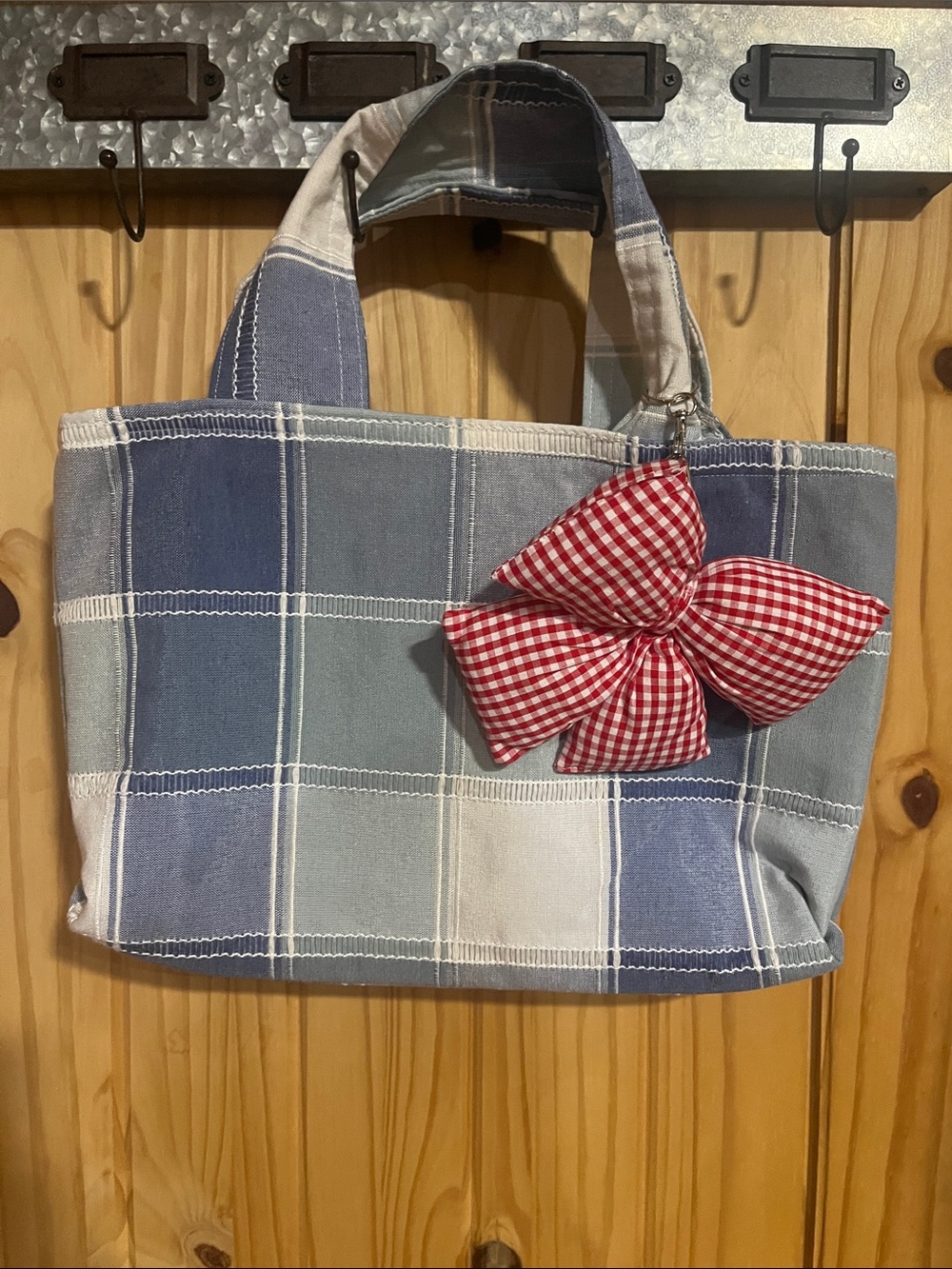 Handmade Blue Plaid Patchwork Canvas Tote with Red Gingham Bow Accent Keychain